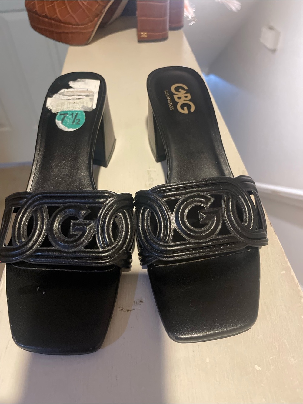 GBG Los Angeles Black Leather Logo Slide Mules Size 7 1/2